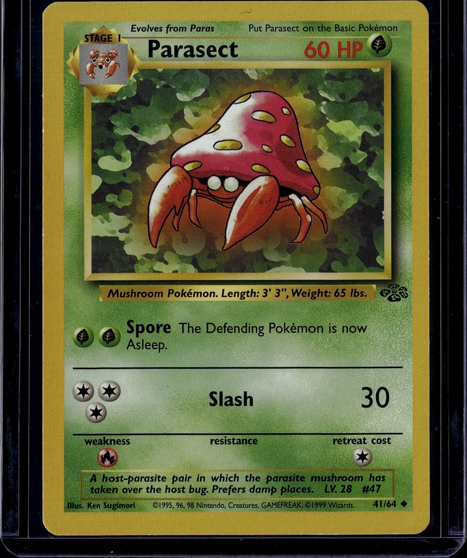 1999 Pokemon Base Set Parasect #41/64 Stage 1 Car: This is an authentic 1999 Pokemon Base Set Parasect card #41/64, featuring the Stage 1 Mushroom Pokemon that evolves from Paras. The card displays excellent condition with vibrant colors and sharp det