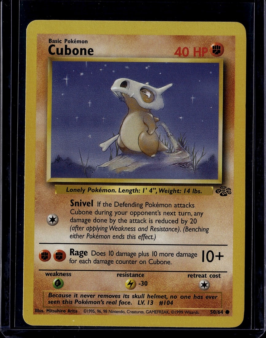 1999 Pokemon Base Set Cubone 50/64 Near Mint Raw: This is an authentic 1999 Pokemon Trading Card Game Base Set Cubone card (50/64), featuring the iconic lonely Pokemon illustrated by Mitsuhiro Arita. The card showcases Cubone's classic design with it
