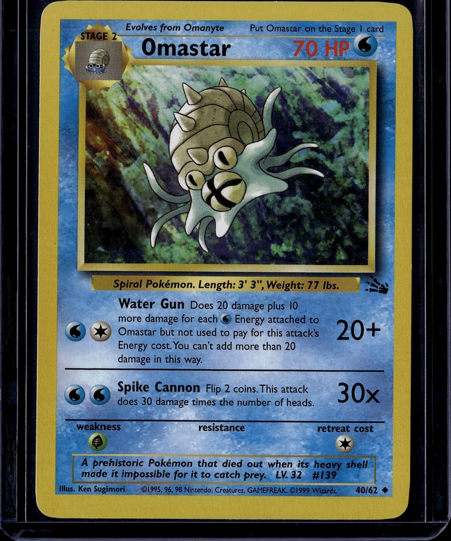1995 Pokemon Base Set Omastar 40/62 Stage 2 Spira: This is a 1995 Pokemon Trading Card Game Base Set Omastar card (40/62), a Stage 2 Water-type Spiral Pokemon that evolves from Omanyte. The card features 70 HP and iconic artwork by Ken Sugimori. Omast