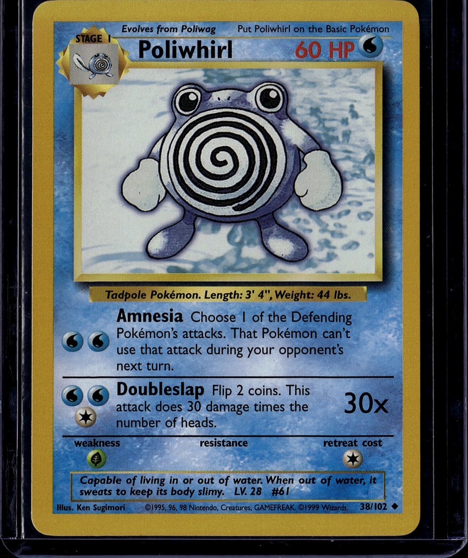 1999 Pokemon Base Set Poliwhirl 38/102 Wizards of: Poliwhirl is an Uncommon Stage 1 Water-type Pokemon card from the original 1999 Pokemon TCG Base Set, numbered 38/102. It was published by Wizards of the Coast and illustrated by Ken Sugimori. The set