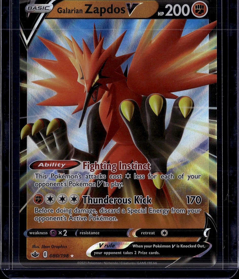 2021 Galarian Zapdos V 080/198 Chilling Reign Nea: Galarian Zapdos V is a Fighting-type Basic Pokemon V card (#080/198) from the 2021 Sword & Shield: Chilling Reign expansion. It is a Holo Ultra Rare featuring the Fighting Instinct ability,