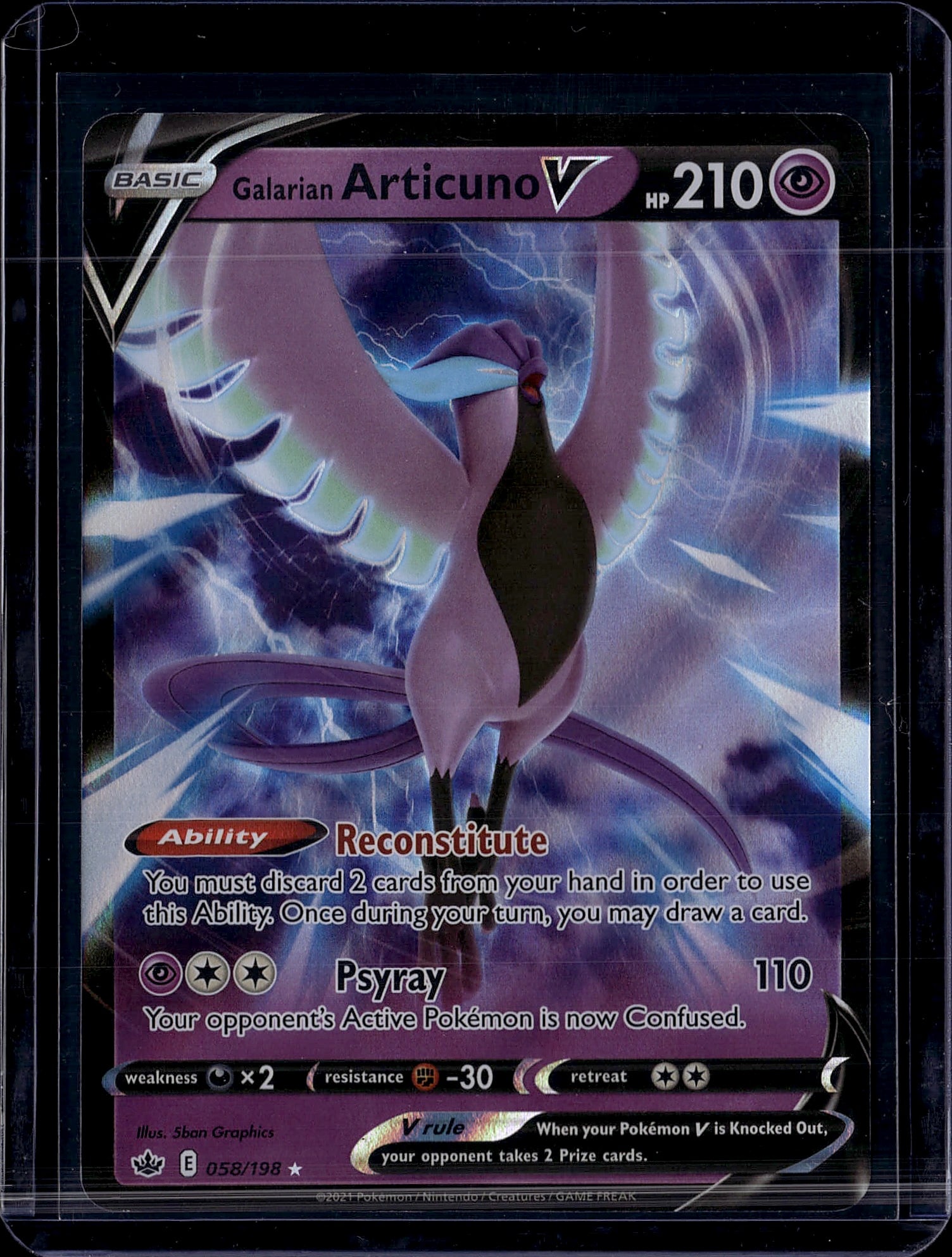 2021 Galarian Articuno V 058/198 Chilling Reign N: Galarian Articuno V is a Psychic-type Basic Pokemon V card (Ultra Rare) from the Sword & Shield: Chilling Reign set, released June 18, 2021. It features 210 HP, the Reconstitute Ability, and artwork