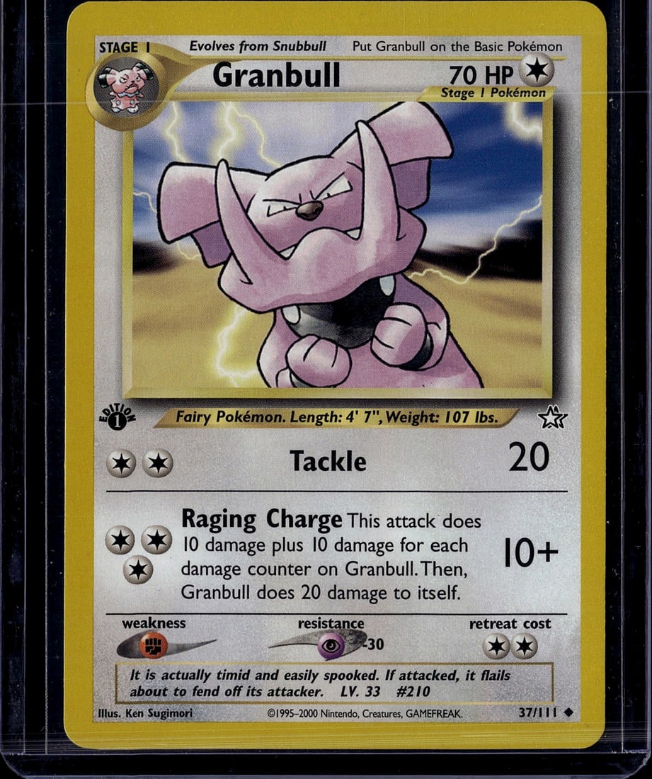 Granbull 37/111 Neo Genesis Pokemon Card Stage 1: This is a raw Granbull Pokemon trading card from the Neo Genesis set (card #37/111), released around 2000. Granbull is a Stage 1 Fairy-type Pokemon with 70 HP that evolves from Snubbull. The card feat