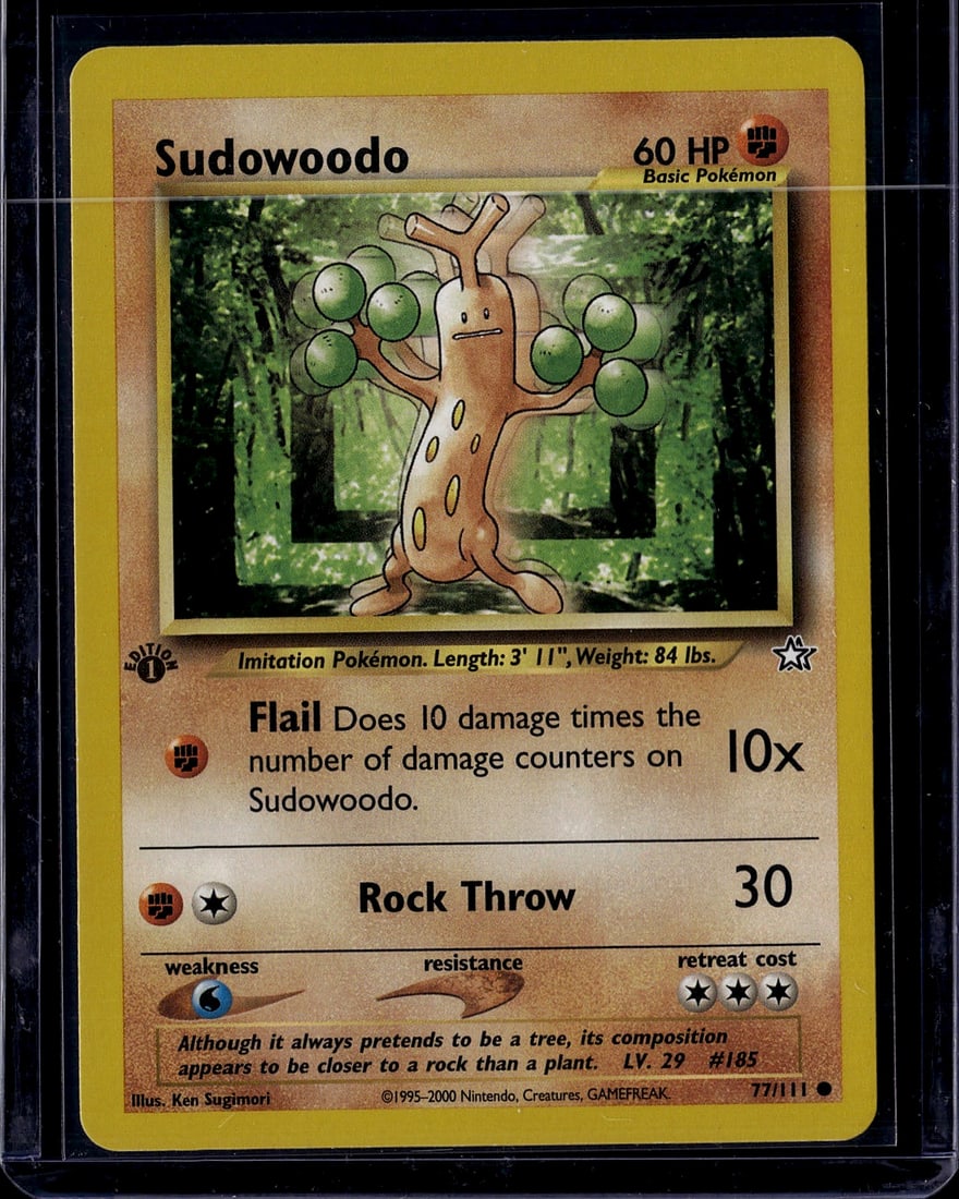 Sudowoodo 77/111 Neo Genesis Pokemon Card 60 HP B: This is an authentic Sudowoodo Pokemon Trading Card from the Neo Genesis set, released around 2000. Card #77/111 features this iconic Rock/Grass-type Pokemon with 60 HP as a Basic Pokemon. The card sh