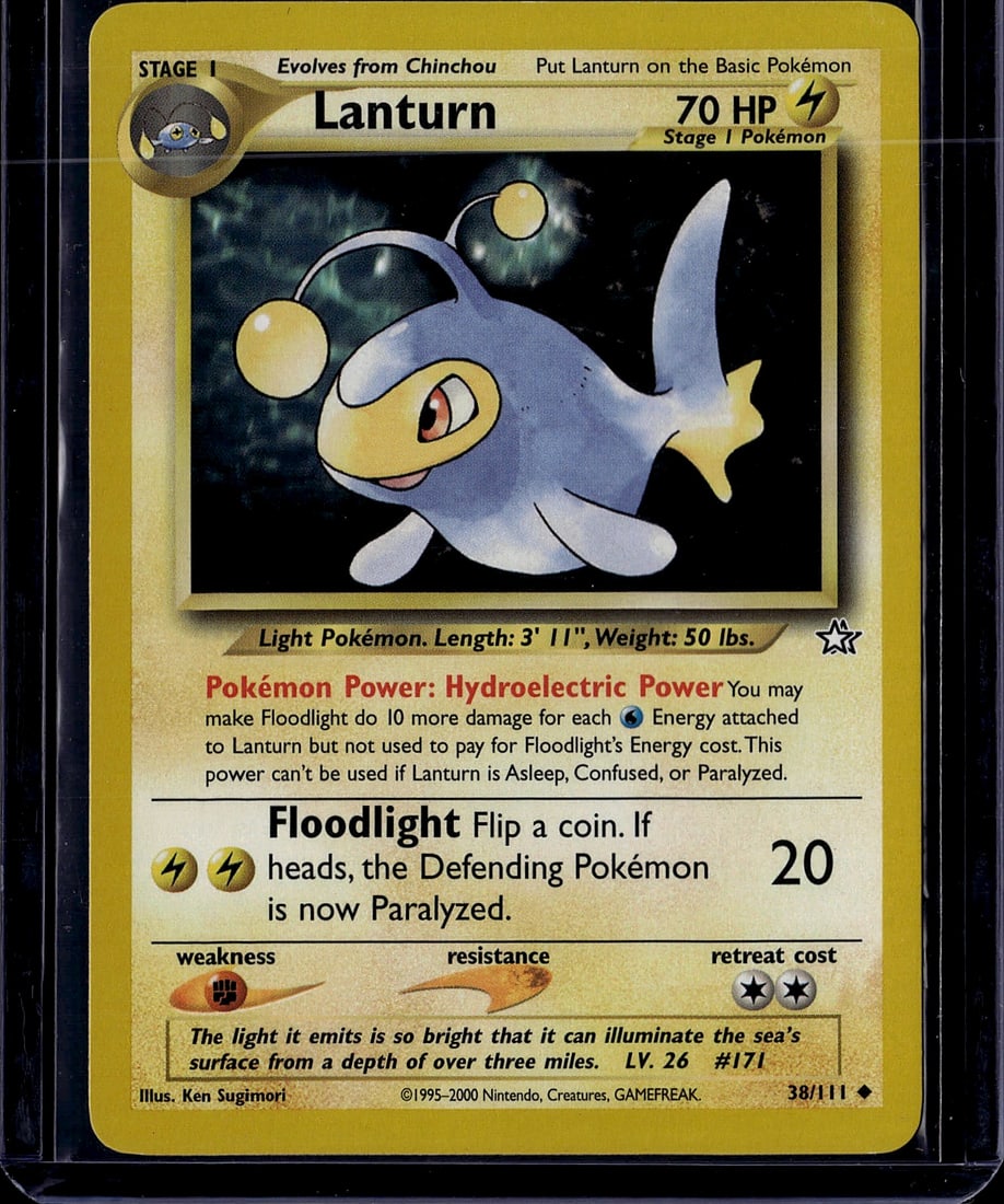Lanturn Stage 1 Pokemon Card 38/111 Base Set 2000: This is an authentic Lanturn Stage 1 Pokemon Trading Card from the Base Set era (circa 2000). Lanturn is a Light-type Pokemon with 70 HP that evolves from Chinchou. The card features the classic Ken