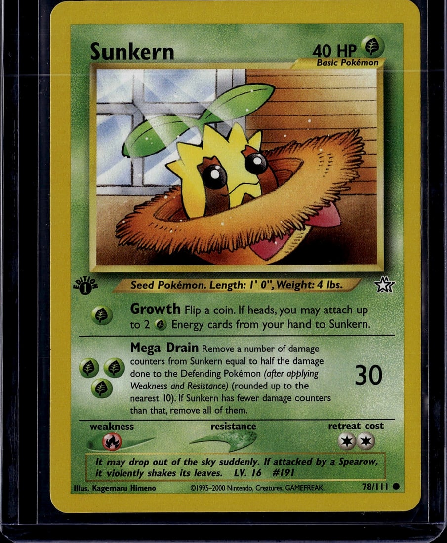 Sunkern 78/111 Pokemon Base Set 2000 Nintendo Car: This is an authentic Sunkern Pokemon trading card from the Base Set, manufactured by Nintendo and released in 2000. Card number 78/111, this basic Grass-type Pokemon features the classic Kagemaru Hime
