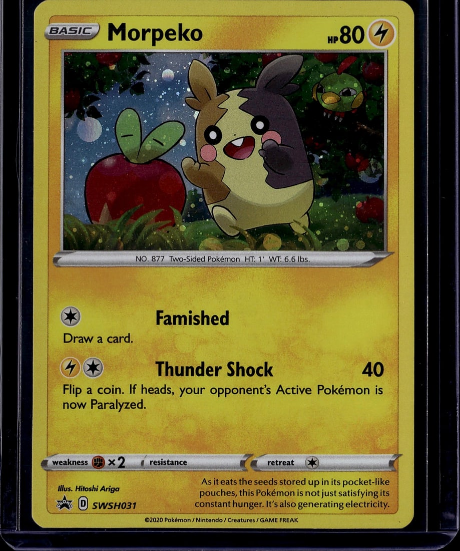 2020 Morpeko Sword & Shield Black Star Promo SWSH: Morpeko SWSH031 is a Basic Lightning-type Pokemon promo card with 80 HP, originally included in the Morpeko Pin Collection. It features a holographic finish and two attacks: Famished (draw a card) and