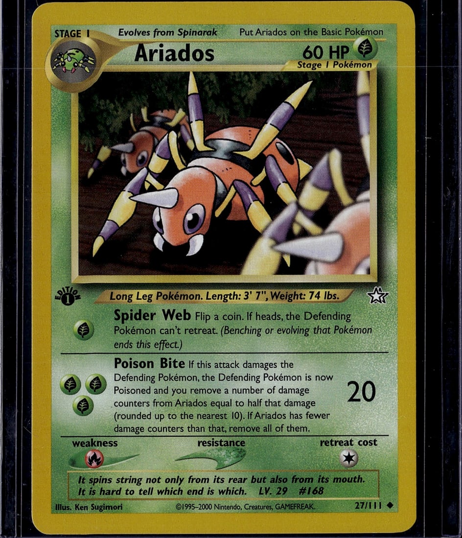 Ariados Stage 1 Neo Genesis 27/111 Pokemon Card -: This is a raw, ungraded Ariados Stage 1 Pokemon card from the Neo Genesis set (card #27/111), released in 2000. Ariados is a Long Leg Pokemon standing 3'7" and weighing 74 lbs, featuring two classic a