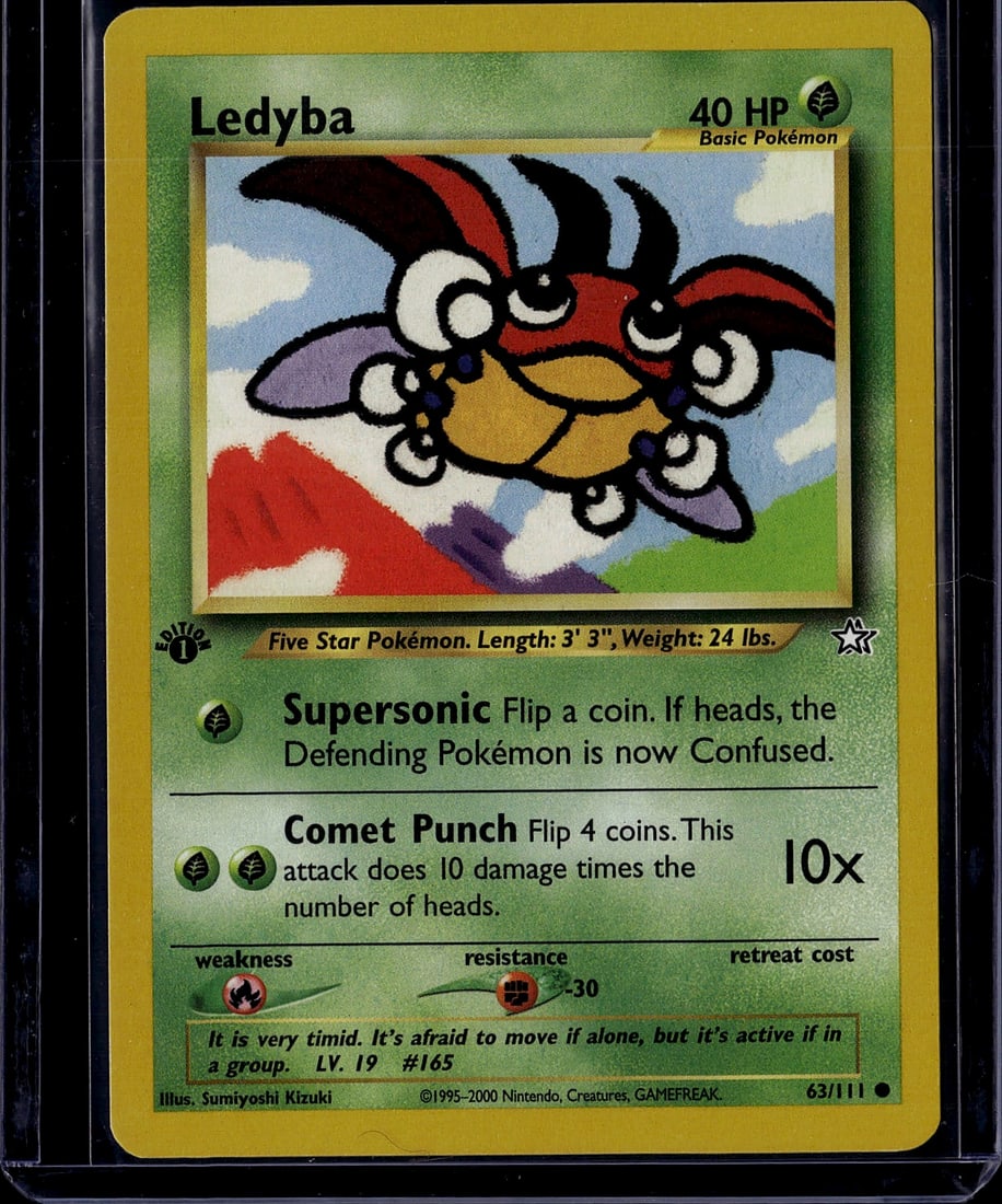 Ledyba Neo Genesis 63/111 Pokemon Card - 2000 Bas: This is an authentic Ledyba Pokemon Trading Card from the Neo Genesis set, released in 2000 by The Pokemon Company. Card number 63/111, this basic Grass-type Pokemon features the classic artwork by Su