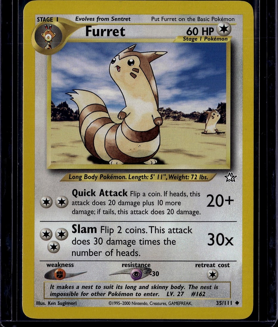 Furret 35/111 Pokemon Base Set Card Stage 1 Evolu: This is an authentic Furret Pokemon Trading Card from the Base Set era, produced by Nintendo/Creatures/GameFreak between 1995-2000. Card #35/111 features the iconic long-bodied Stage 1 Pokemon evoluti