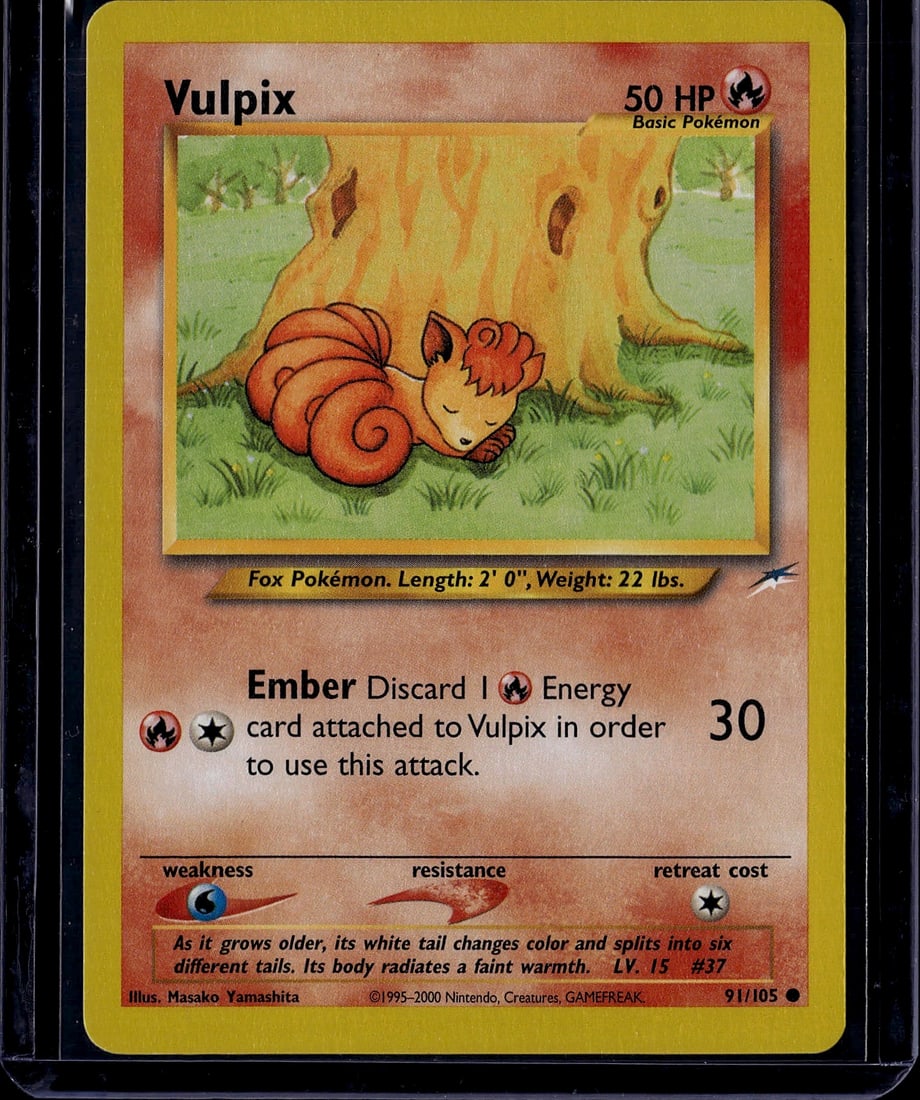 Vulpix 91/105 Base Set 2000 Pokemon Card - Fox Po: This is an ungraded Vulpix Pokemon trading card from the Base Set era, produced around 2000 by The Pokemon Company and illustrated by Masako Yamashita. The card features the iconic Fire-type fox Pokem
