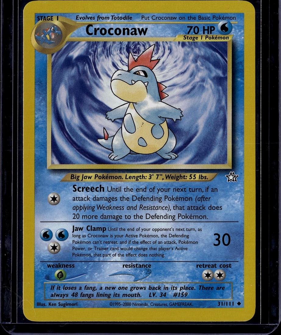 Croconaw Neo Genesis 31/111 Pokemon Card 2000 Sta: This is an authentic Croconaw Pokemon trading card from the Neo Genesis set, released in 2000 by The Pokemon Company. Card number 31/111, this Stage 1 Water-type Pokemon features the Big Jaw Pokemon w