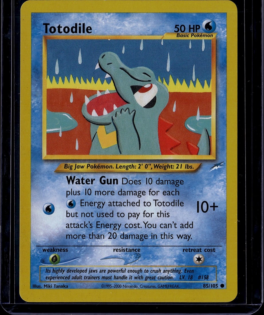 Totodile Base Set 158/105 Pokemon Card 2000 - Nea: This is an authentic Totodile Pokemon Trading Card from the Base Set era (2000), card number 158/105. Totodile is a Basic Water-type Pokemon with 50 HP featuring the iconic "Water Gun" attack that dea