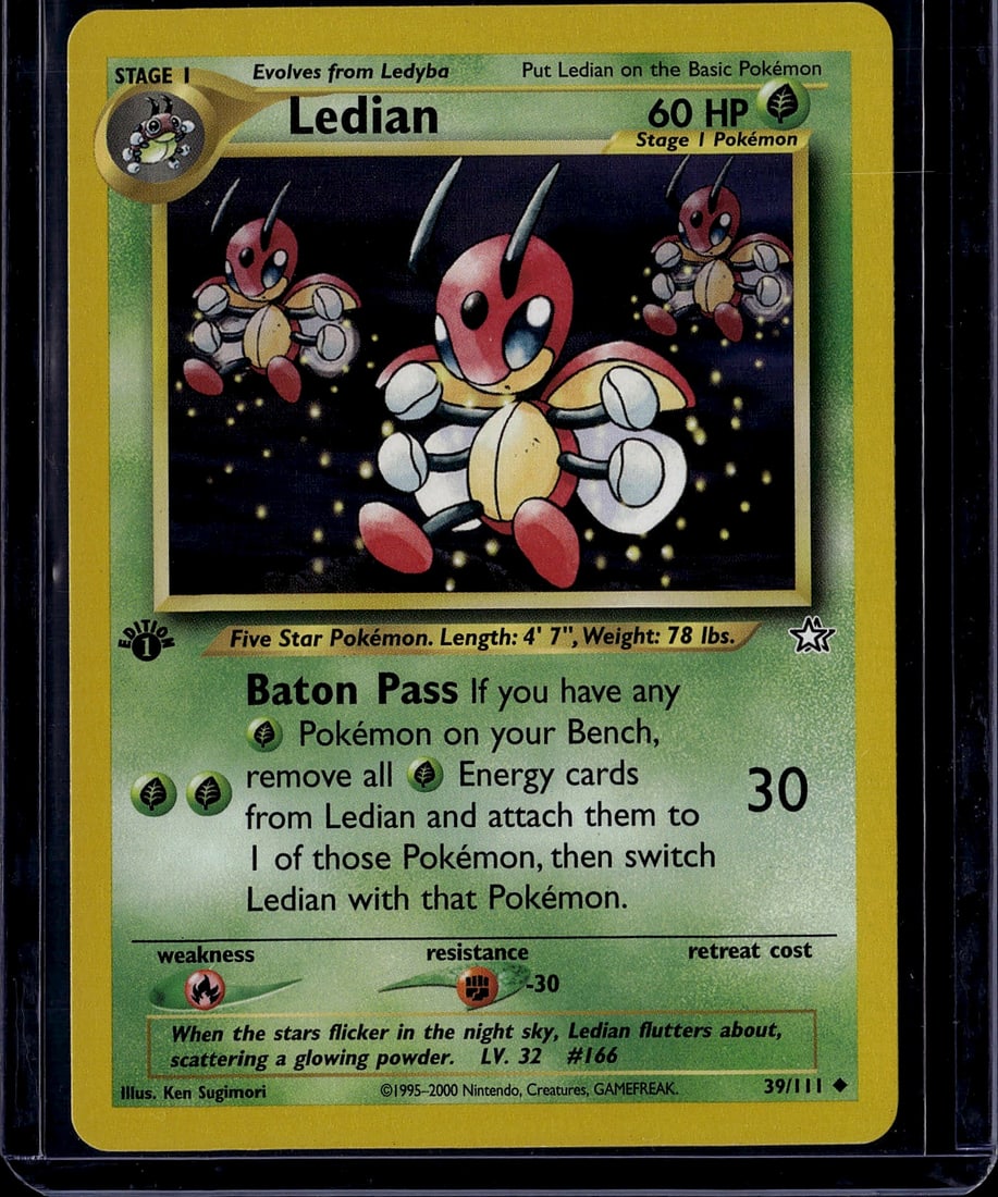 Ledian 39/111 Neo Genesis Pokemon Card Stage 1 Gr: This is an ungraded raw Ledian Pokemon trading card from the Neo Genesis set, card number 39/111. Ledian is a Stage 1 Grass-type Pokemon with 60 HP that evolves from Ledyba. The card features the icon