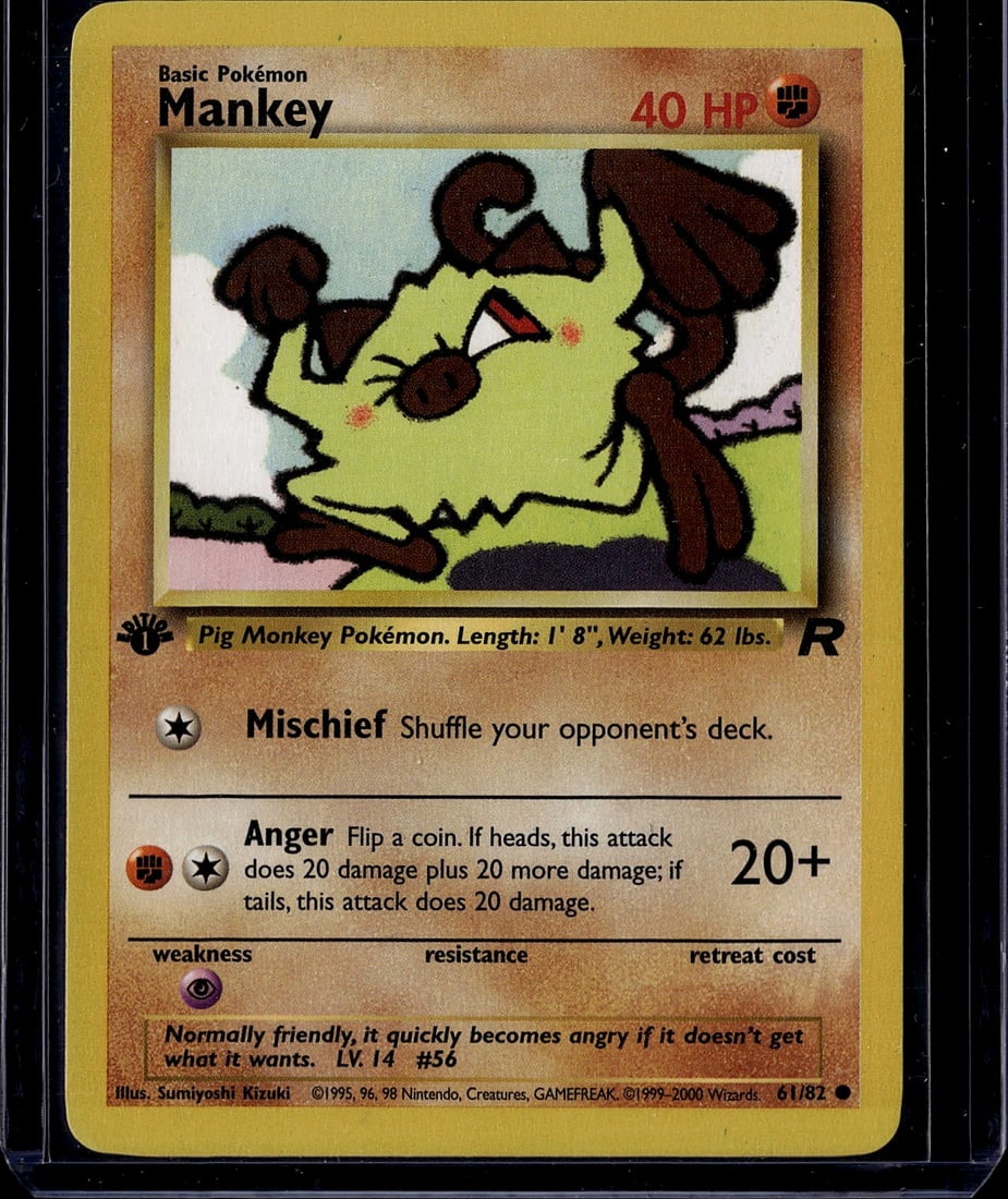 1999 Pokemon Base Set Mankey #61/82 Card - Raw Un: This is an authentic 1999 Pokemon Trading Card Game Base Set Mankey card #61/82, featuring the Pig Monkey Pokemon with 40 HP. The card displays the classic artwork by Sumiyoshi Kizuki and includes two