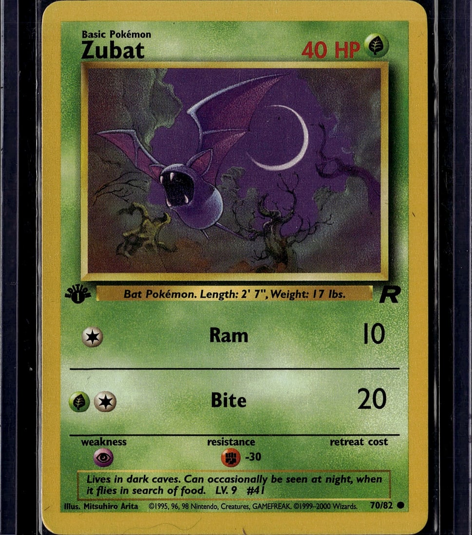Zubat Base Set 70/82 Pokemon Card 1999 - Classic: This is an authentic Zubat card from the 1999 Pokemon Trading Card Game Base Set, card number 70/82. Zubat is a Basic Grass-type Bat Pokemon with 40 HP, featuring the iconic bat design from the origin