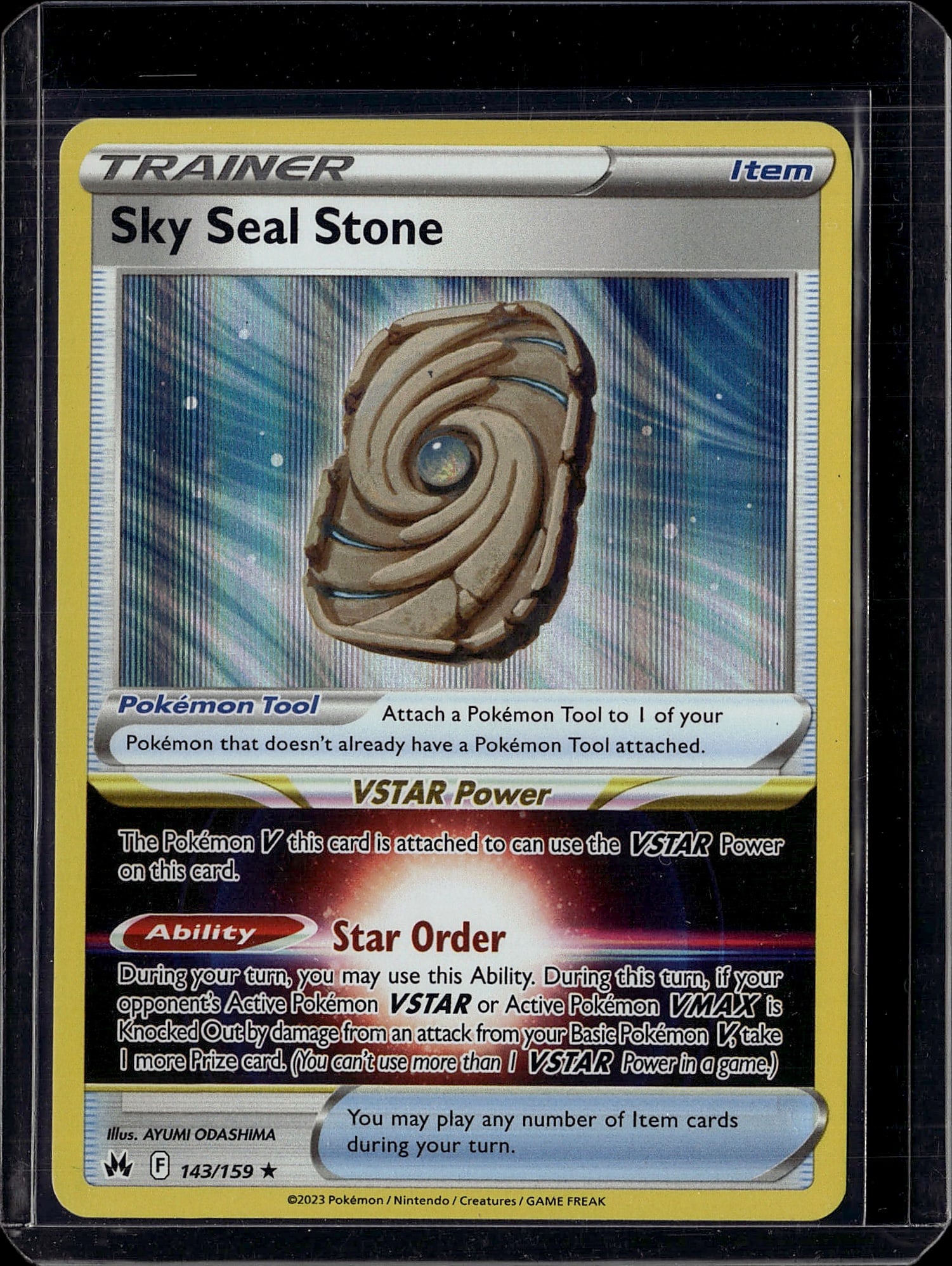 2023 Pokemon Crown Zenith Sky Seal Stone 143/159: Sky Seal Stone is a Holo Rare Trainer - Pokemon Tool card from the Crown Zenith expansion (the final Sword & Shield series set), released January 20, 2023. It grants VSTAR Power to the Pokemon V it is