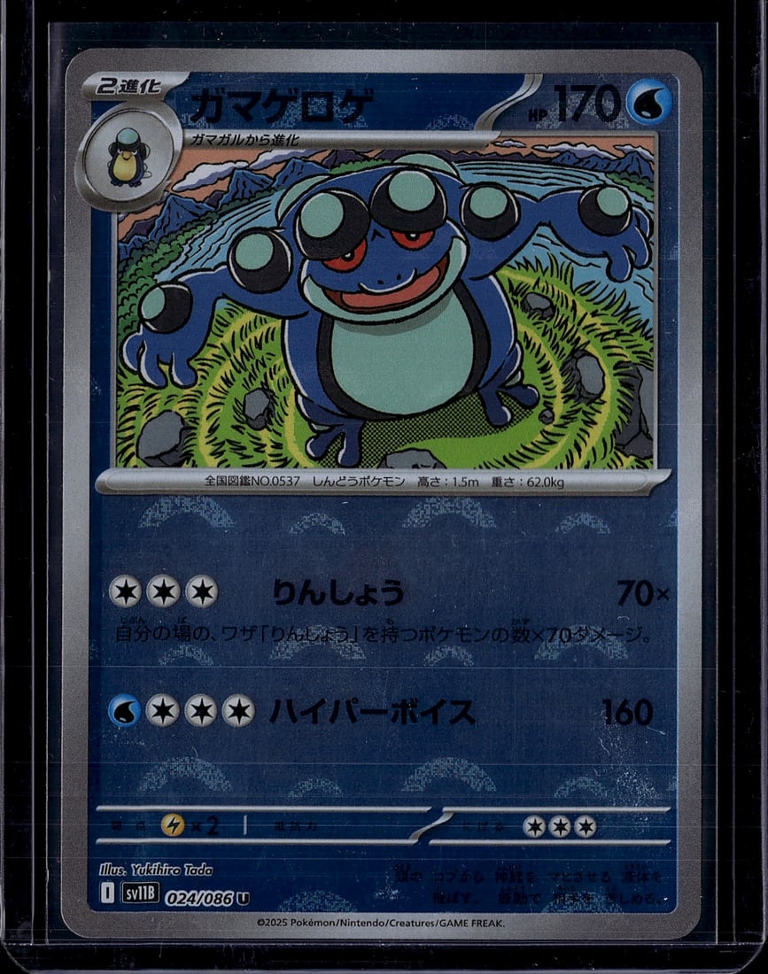 2025 Pokemon Scarlet Violet Black Bolt Palpitoad: Palpitoad (Japanese: Gamagaru) is a Water/Ground-type Pokemon and the middle evolution of the Tympole line. This card appears in the 2025 Japanese SV11B Black Bolt expansion (released June 6, 2025) as