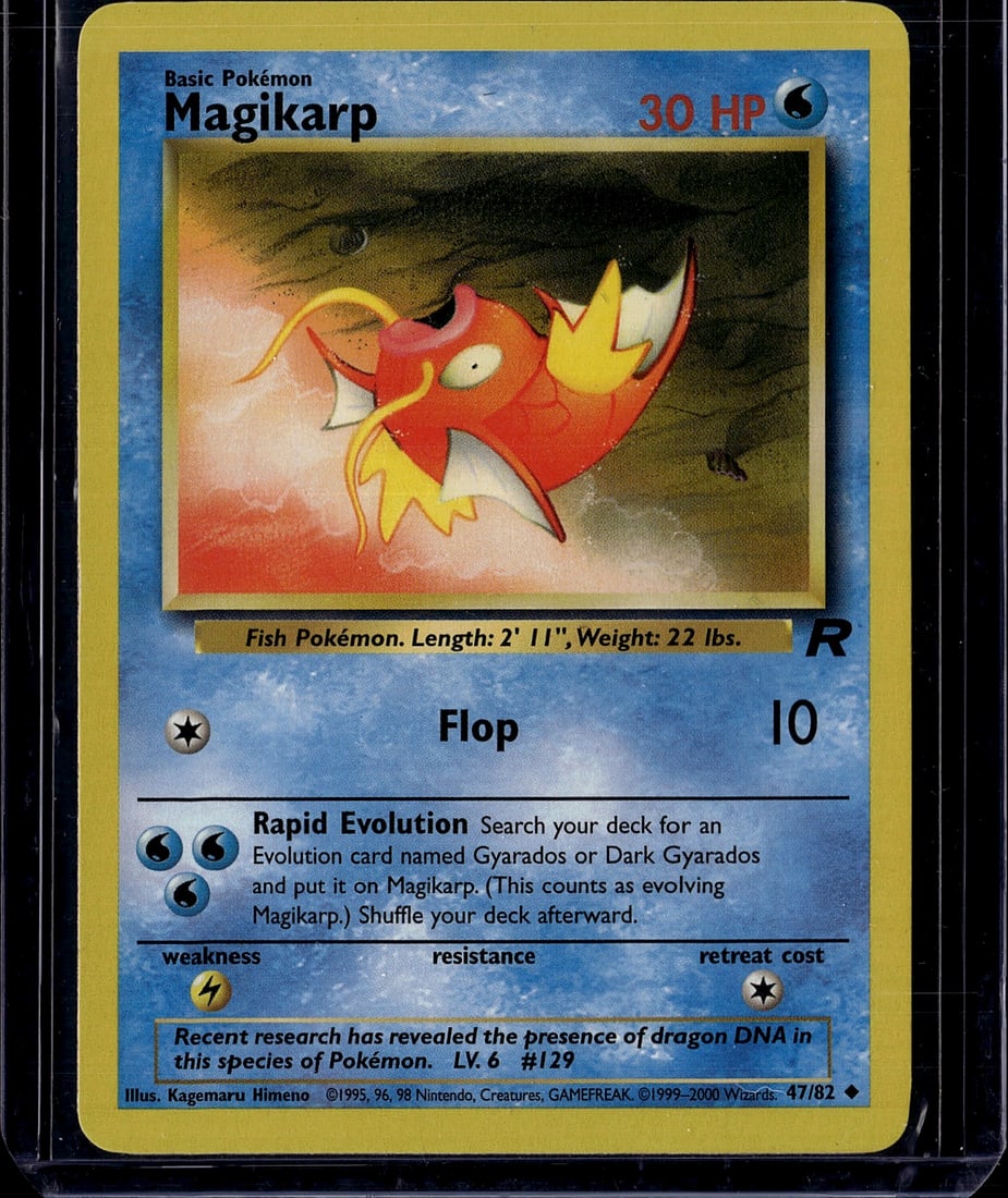 Magikarp 47/82 Base Set Pokemon Card 1999 - Raw U: This is an authentic Magikarp Pokemon Trading Card Game card from the 1999 Base Set, card number 47/82. As a Basic Water-type Pokemon, Magikarp features the iconic artwork by Kagemaru Himeno depicting