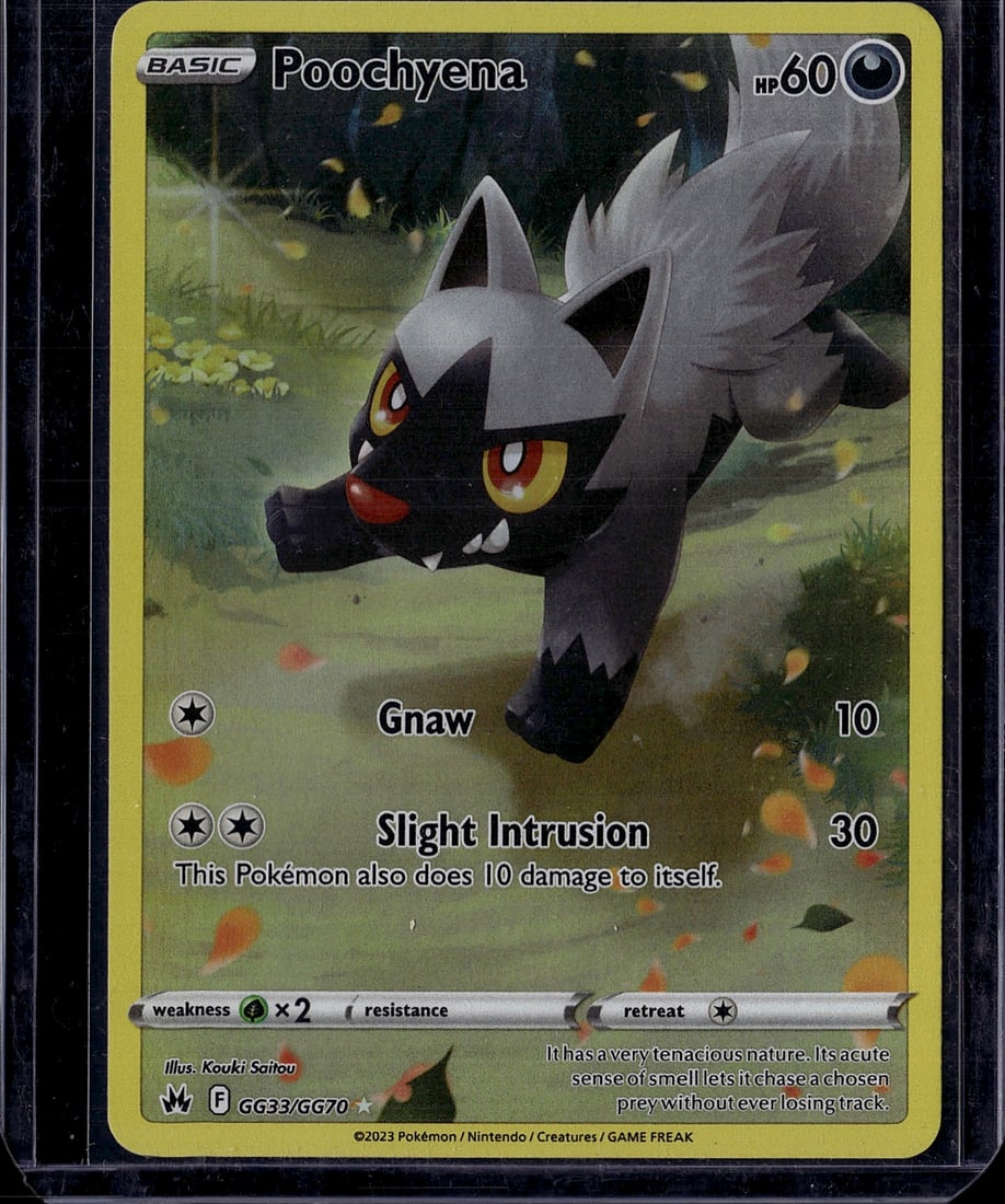 2023 Pokemon Crown Zenith Poochyena GG33/GG70 Min: This is a raw 2023 Pokemon Scarlet & Violet series Basic Poochyena card (GG33/GG70) featuring the Dark-type Pokemon with 60 HP. The card showcases Poochyena in its natural environment with vibrant art