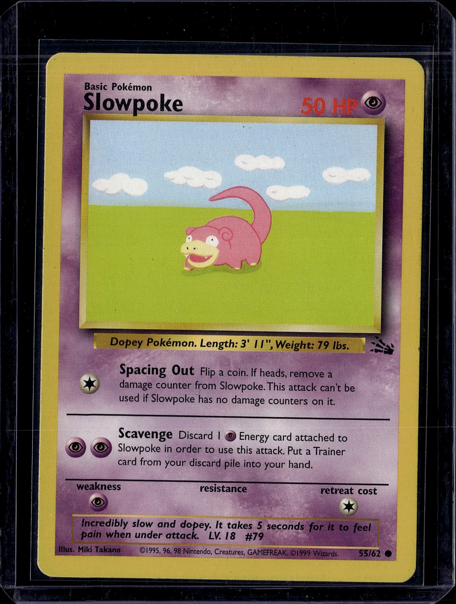 1999 Pokemon Base Set Slowpoke #55/62 Card - Dope: This is an authentic 1999 Pokemon Base Set Slowpoke card (#55/62), featuring the iconic Dopey Pokemon in its original artwork by Miki Takano. The card displays a Basic Psychic-type Slowpoke with 50 HP