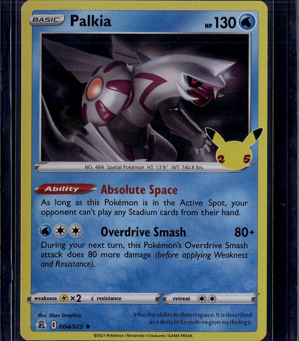 2021 Pokemon Palkia 004/025 Sword & Shield Card -: This is a raw 2021 Pokemon Trading Card Game card featuring Palkia, the Spatial Pokemon. Palkia is card number 004/025 from the Sword & Shield set. The card displays excellent centering and sharp corn