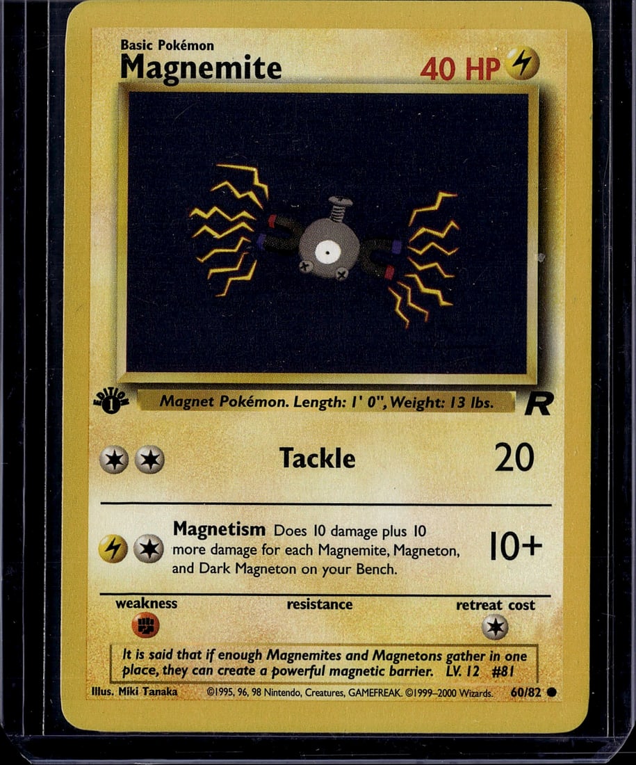 Magnemite 60/82 Base Set Pokemon Card 1999 - Clas: This is an authentic Magnemite Pokemon trading card from the original Base Set (1999), card number 60/82. Magnemite is a Basic Electric-type Pokemon featuring the iconic magnet design with yellow ligh