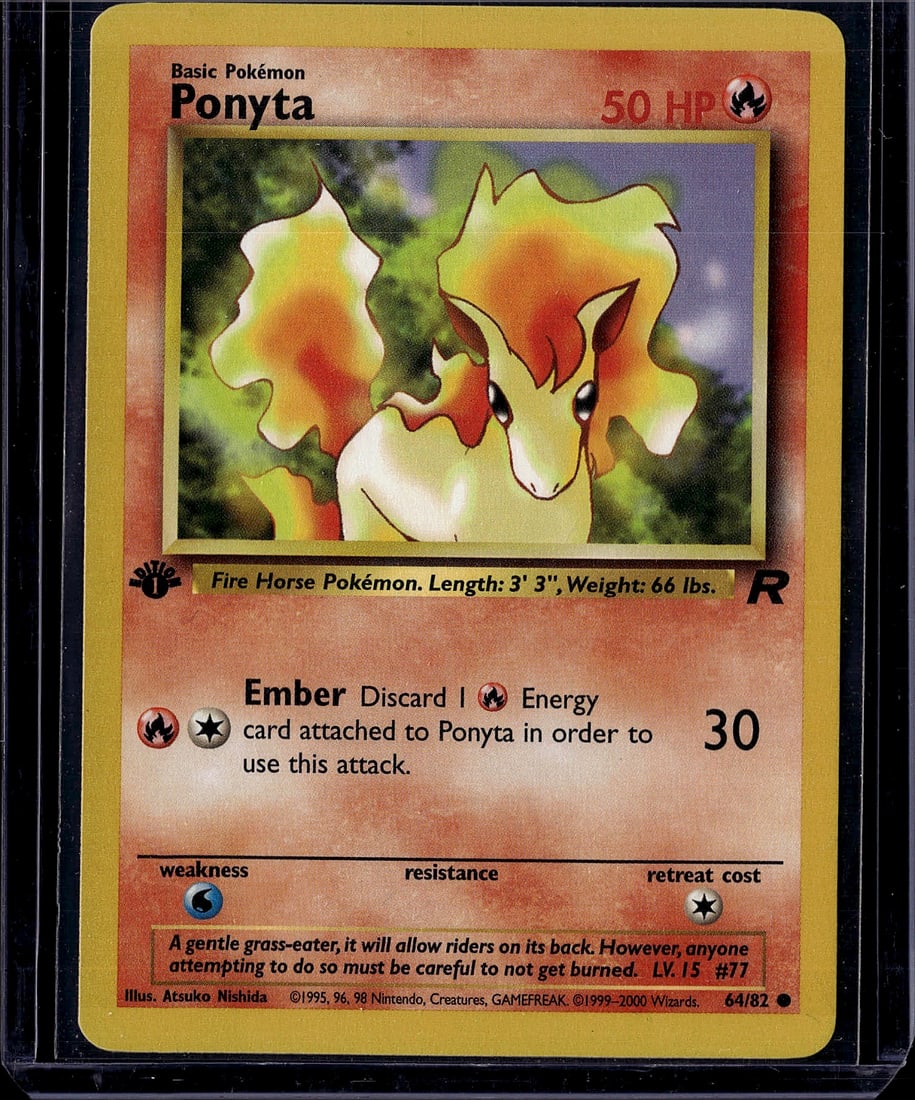 Ponyta Base Set 64/82 Pokemon Card 1999 Fire Hors: This is an authentic Ponyta Pokemon Trading Card from the original Base Set, released in 1999 by The Pokemon Company. Card #64/82 features vibrant artwork by Atsuko Nishida depicting the Fire Horse Po