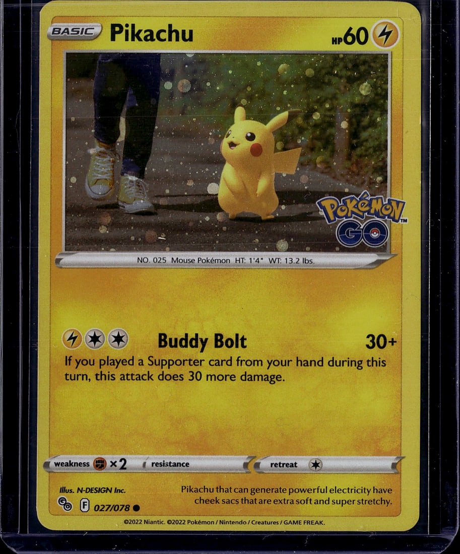 2022 Pokemon GO Pikachu 027/078 Basic Lightning C: This is a 2022 Pokemon GO Pikachu Basic card (027/078) featuring vibrant artwork of Pikachu in an augmented reality setting from the popular Pokemon GO mobile game collaboration. The card showcases HP