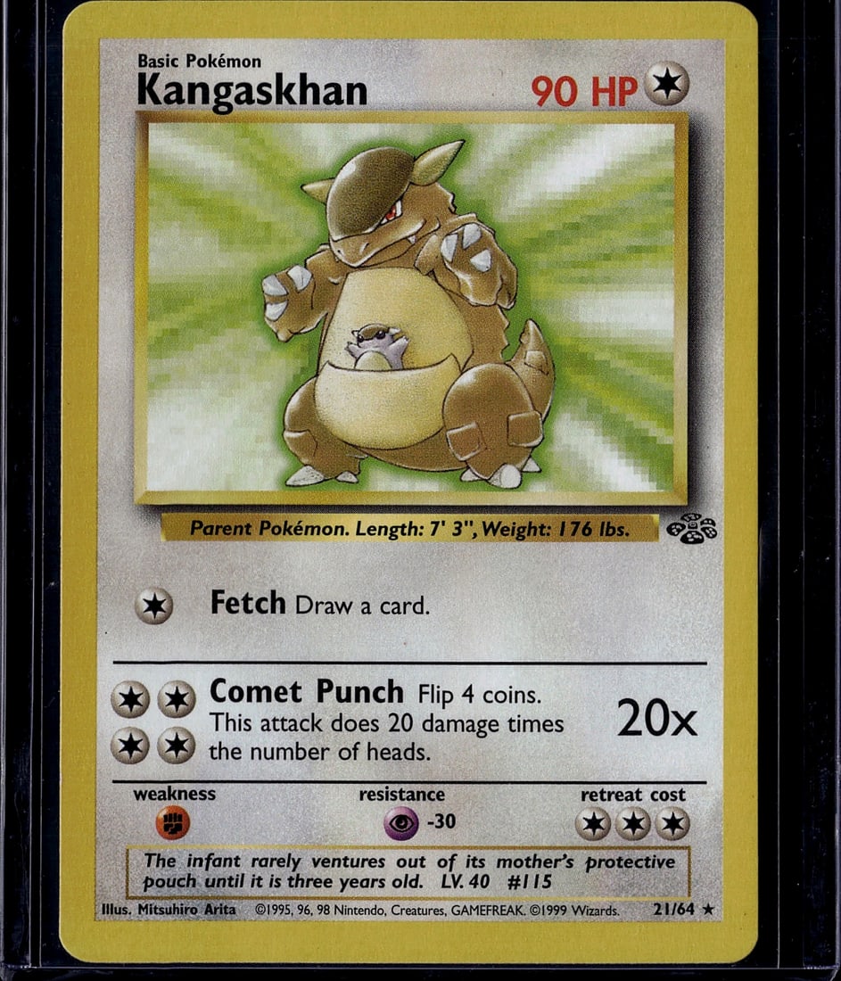 Kangaskhan 21/64 Base Set 1995 Pokemon Card - Vin: This is an authentic Kangaskhan card from the iconic 1995 Pokemon Trading Card Game Base Set, card number 21/64. Kangaskhan is a Basic Pokemon with 90 HP and a Colorless type, featuring the classic ar