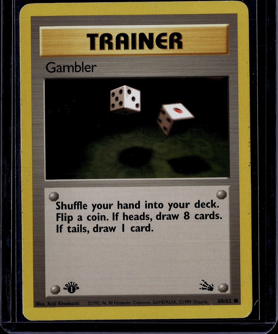 1999 Wizards of the Coast Fossil 60/62 Gambler Po: Gambler is a Common Trainer card from the 1999 Pokemon TCG Fossil set, the third English expansion released in October 1999. Illustrated by Keiji Kinebuchi, the card allows the player to flip a coin t
