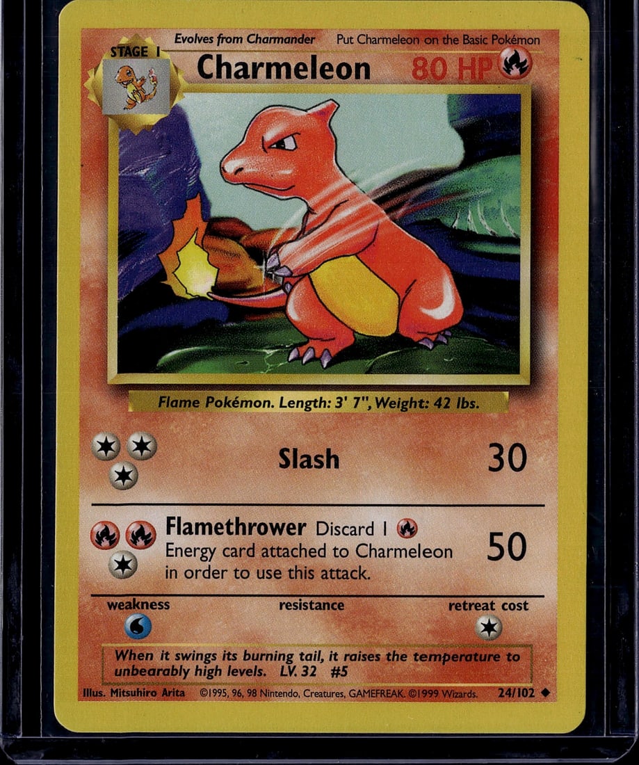 Charmeleon 24/102 Base Set 1999 Pokemon Card - St: This is an authentic 1999 Charmeleon Pokemon card from the iconic Base Set, card number 24/102. This Stage 1 Fire-type evolution card features the classic artwork by Mitsuhiro Arita and depicts Charme