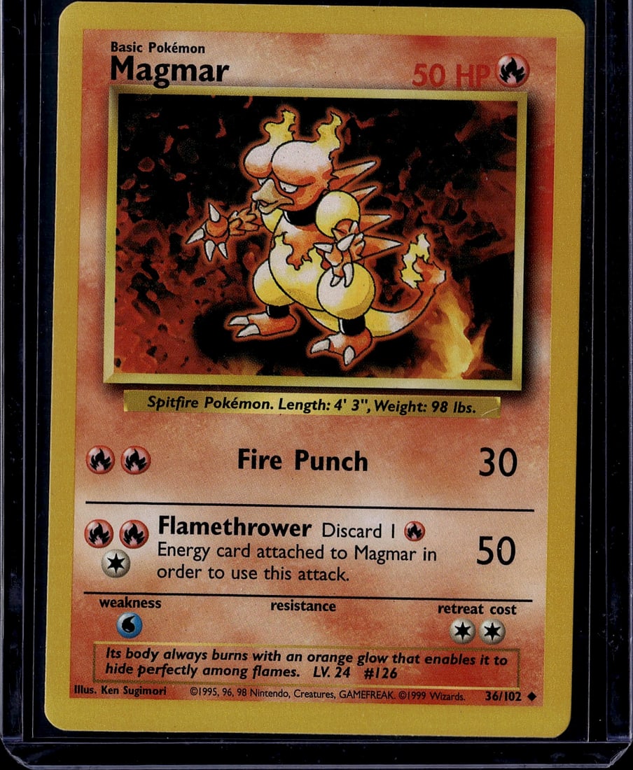 1999 Pokemon Base Set Magmar #36/102 Card - Fire: This is an authentic 1999 Pokemon Trading Card Game Base Set Magmar card (#36/102), featuring the iconic Fire-type Spitfire Pokemon. The card displays Magmar's classic artwork by Ken Sugimori with its