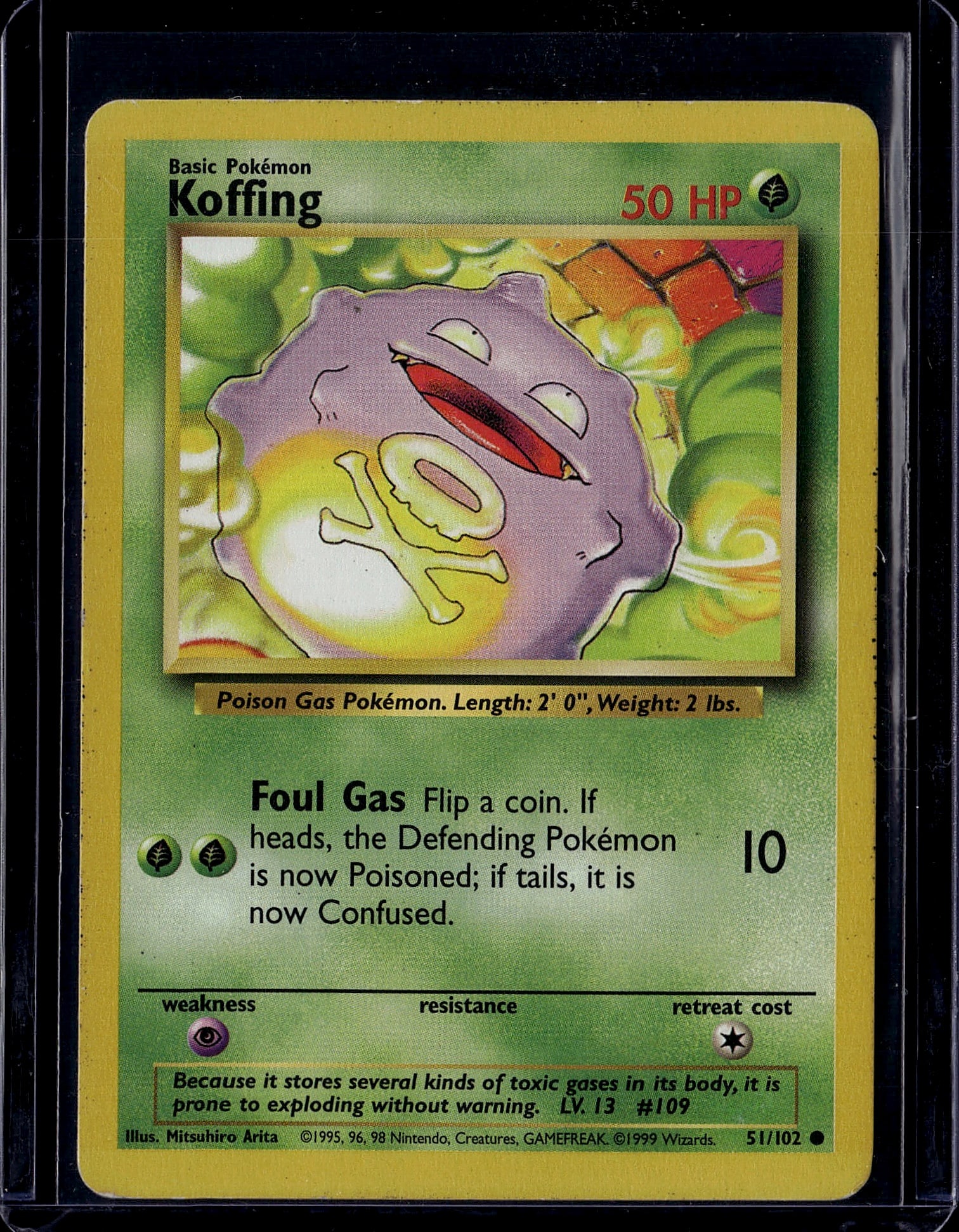 1999 Pokemon Base Set Koffing #51/102 Poison Gas: This is an authentic 1999 Pokemon Trading Card Game Base Set Koffing card, #51/102. The card features the iconic Poison Gas Pokemon with its distinctive purple body and yellow toxic gas details. As a 