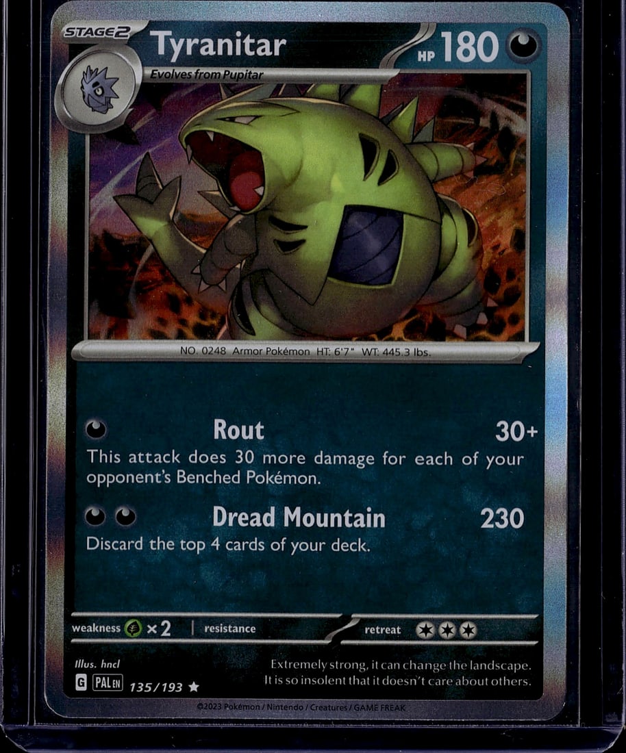 2023 Tyranitar 135/193 Scarlet Violet Paldea Evol: Tyranitar 135/193 is a Holo Rare Stage 2 Darkness-type Pokemon card with 180 HP from the Scarlet & Violet: Paldea Evolved set (SV02), released June 9, 2023. It features two attacks: Rout (30+ damage, 