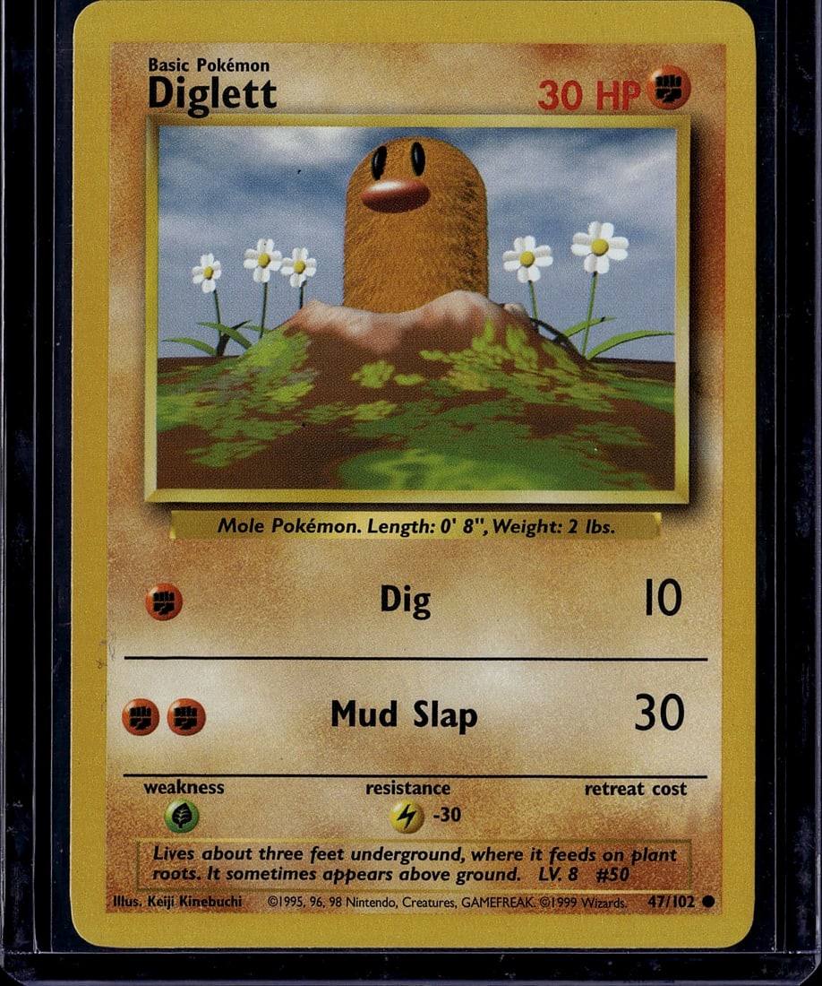 1999 Pokemon Base Set Diglett 47/102 Card - Mole: This is an original 1999 Pokemon Base Set Diglett card (47/102) featuring the iconic Mole Pokemon in its classic artwork by Keiji Kinebuchi. The card displays Diglett emerging from the ground surround
