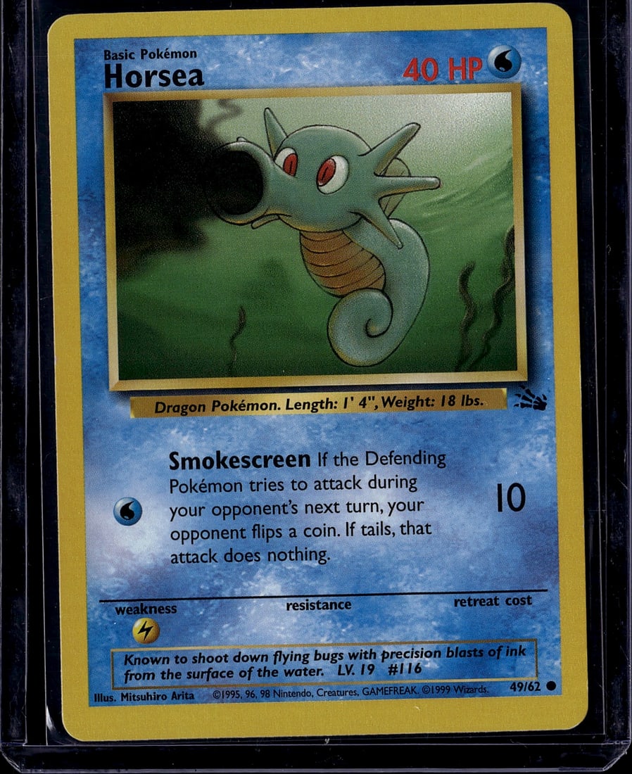 1999 Pokemon Base Set Horsea #49/62 Raw Card - Wa: This is an original 1999 Pokemon Base Set Horsea card (#49/62), a Water-type Basic Pokemon featuring the iconic seahorse-like creature illustrated by Mitsuhiro Arita. The card displays Horsea's signat