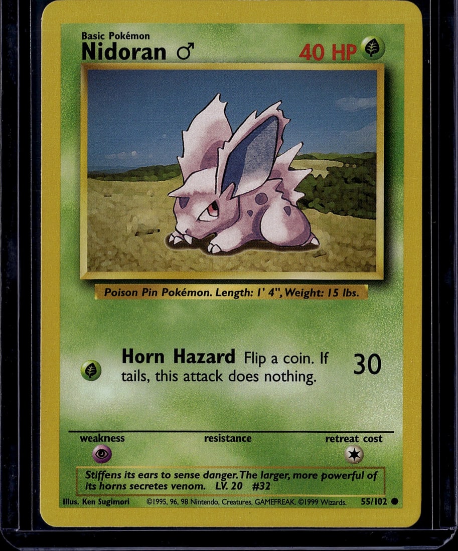1999 Pokemon Base Set Nidoran Male 55/102 TCG Car: This is an original 1999 Pokemon Trading Card Game Base Set card featuring Nidoran Male (card #55/102). Nidoran is a Grass-type Basic Pokemon with 40 HP, illustrated by Ken Sugimori. The card displays