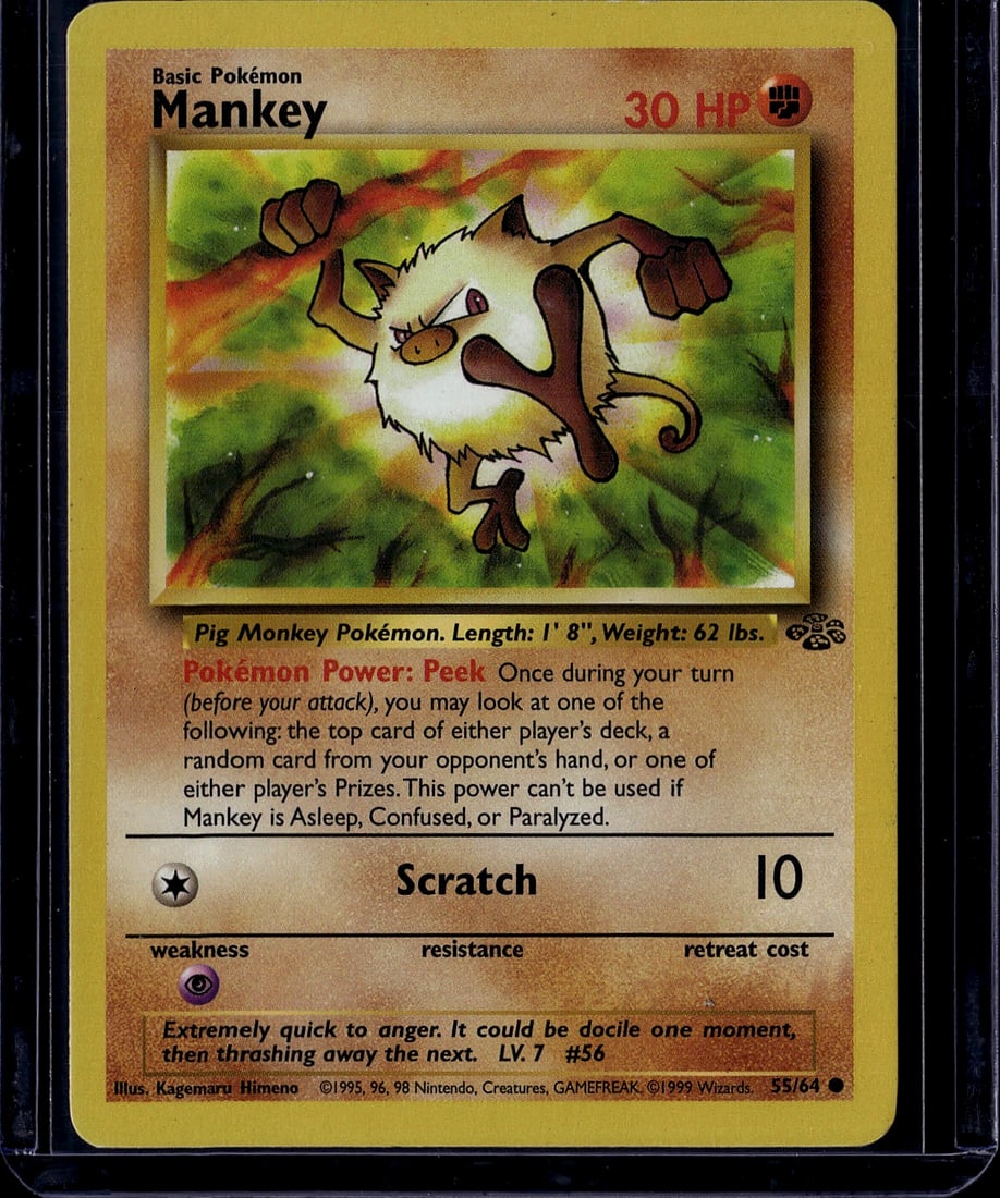 1999 Pokemon Base Set Mankey #55/64 Card - Rare C: This is an authentic 1999 Pokemon Trading Card Game Base Set Mankey card (#55/64), a highly sought-after collectible from the earliest era of Pokemon TCG. The card features the iconic "Pig Monkey Poke