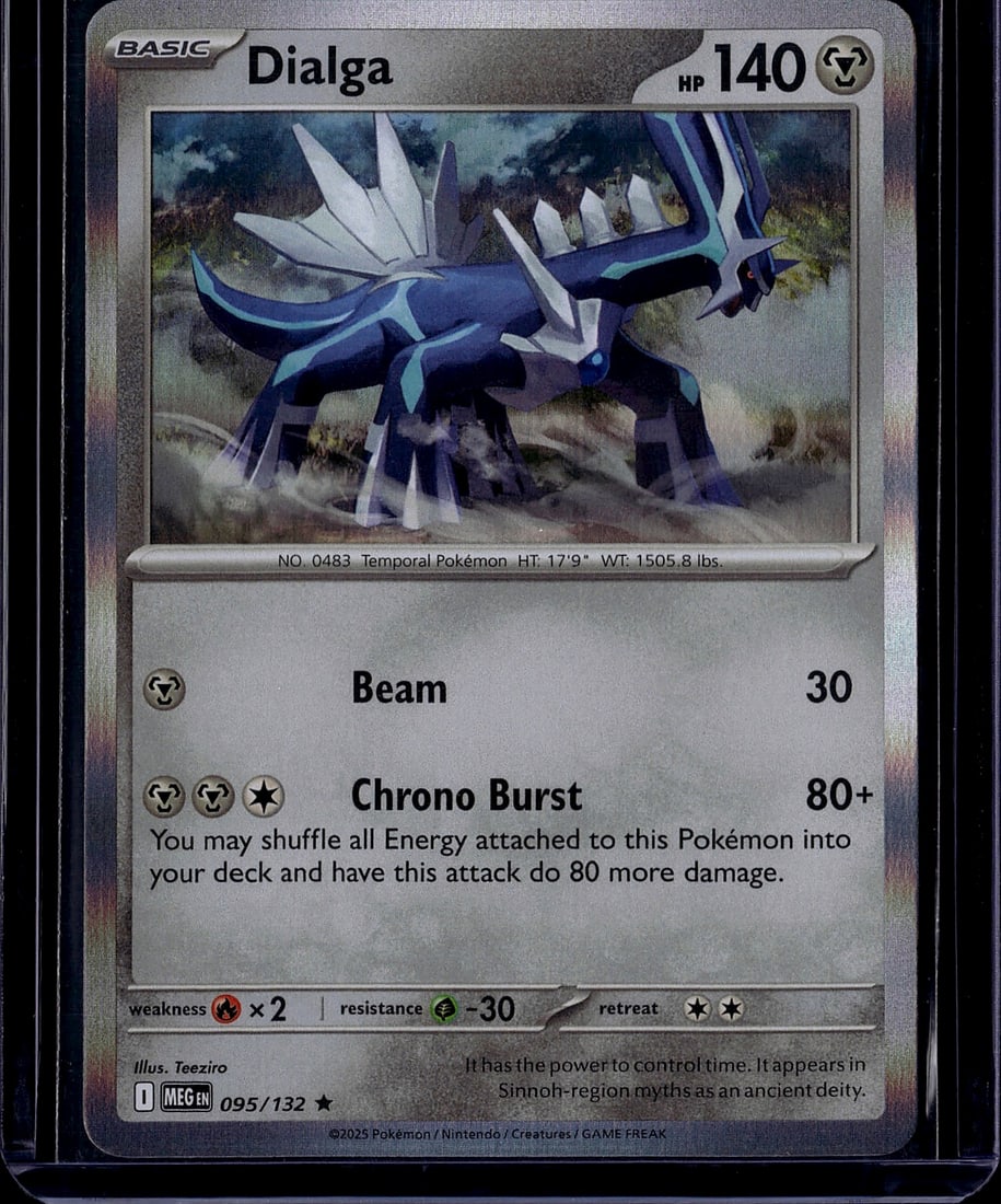 2025 Pokemon Mega Evolution ME01 Dialga 095/132 M: Dialga 095/132 is a Basic Metal-type Holo Rare from the Pokemon TCG: Mega Evolution set (ME01), released September 26, 2025. The card features 140 HP and the attacks Beam and Chrono Burst, illustrated