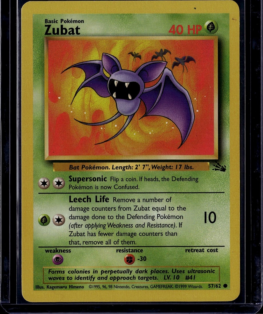 1999 Pokemon Base Set Zubat #57/102 Bat Pokemon T: This is an authentic 1999 Pokemon Trading Card Game card featuring Zubat, the iconic Bat Pokemon from the original Base Set. The card displays vibrant artwork by Kagemaru Himeno, showing Zubat with it