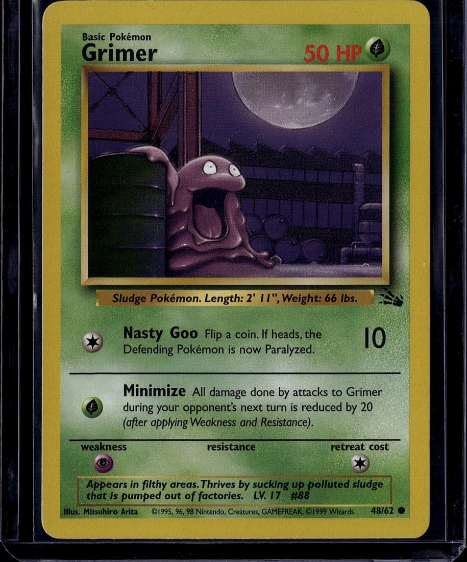1999 Pokemon Base Set Grimer 48/62 Sludge Pokemon: This is an original 1999 Pokemon Base Set Grimer card (48/62), a classic collectible from the earliest era of Pokemon Trading Card Game releases. Grimer is a Basic Pokemon with 50 HP featuring the Gra