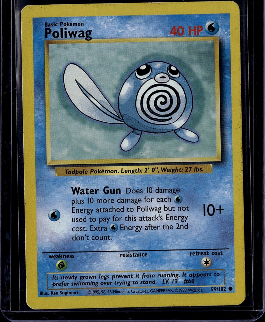 Poliwag Base Set 59/102 Pokemon Card 1999 Tadpole: This is an original 1999 Pokemon Base Set Poliwag card (59/102) featuring the iconic Tadpole Pokemon. The card displays Poliwag's characteristic spiral belly and distinctive tail design, with artwork 