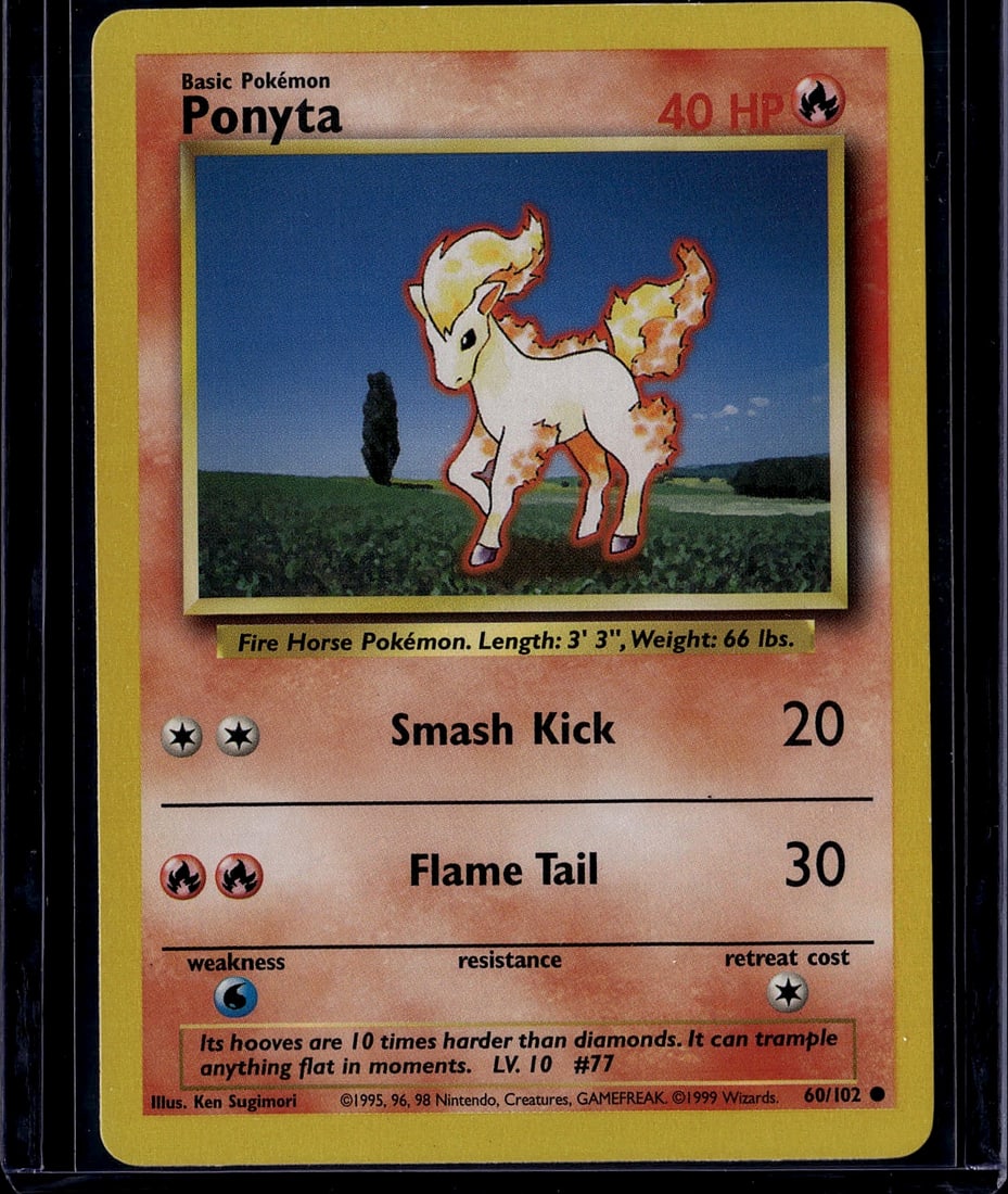 1999 Pokemon Base Set Ponyta Card #60/102 Fire Ho: This is an authentic 1999 Pokemon Trading Card Game Base Set Ponyta card (#60/102), featuring the iconic Fire Horse Pokemon illustrated by Ken Sugimori. The card displays Ponyta in a vibrant outdoor l