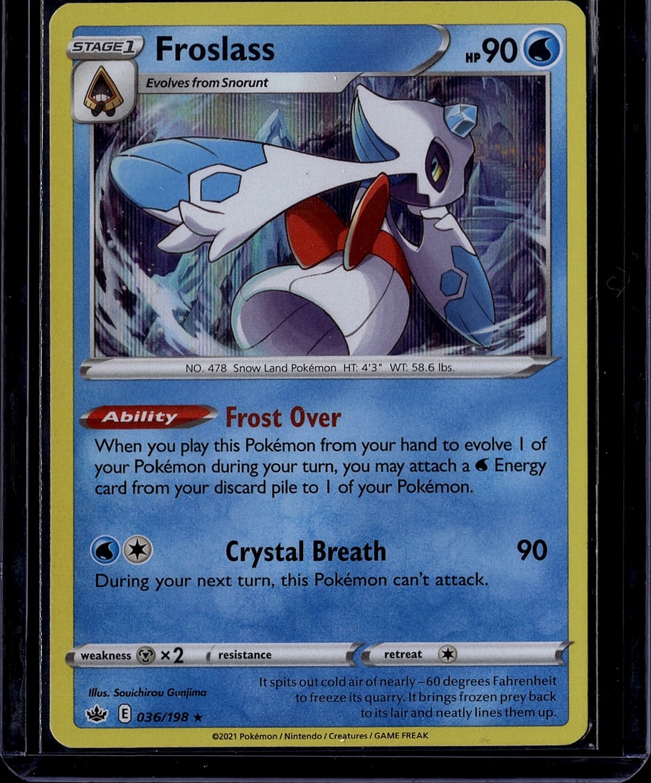 2021 Pokemon Sword Shield Chilling Reign Froslass: Froslass 036/198 is a Holo Rare Stage 1 Water-type Pokemon card from the Sword & Shield: Chilling Reign set (SWSH06), released June 18, 2021. It features the Ability "Frost Over," which lets the playe