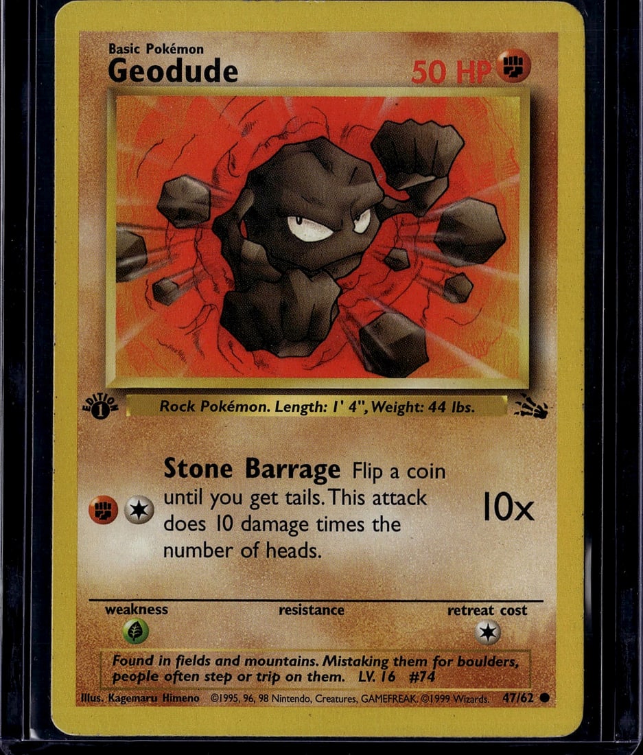 1999 Pokemon Base Set Geodude 47/62 Wizards of th: This is an original 1999 Pokemon Trading Card Game Base Set Geodude (card #47/62) published by Wizards of the Coast. The card features the Rock Pokemon Geodude with its iconic Stone Barrage attack tha