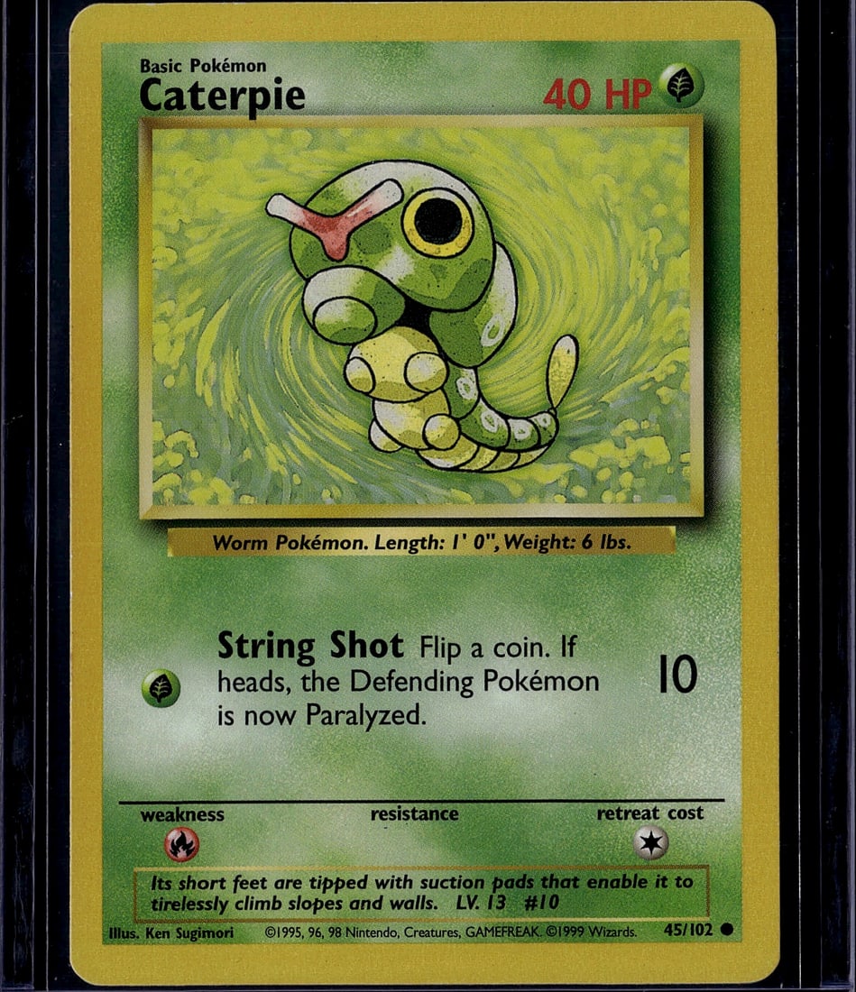 1999 Pokemon Base Set Caterpie #45/102 Card - Vin: This is an authentic 1999 Pokemon Trading Card Game card featuring Caterpie, card #45/102 from the iconic Base Set. Caterpie is a Basic Grass-type Worm Pokemon with 40 HP, illustrated by Ken Sugimori.