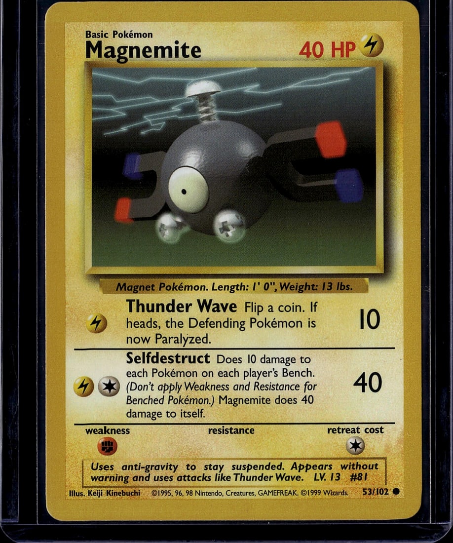 Magnemite Base Set 53/102 Pokemon Card 1999 - Nea: This is an authentic Magnemite Pokemon Trading Card from the iconic Base Set, released in 1999 by The Pokemon Company and illustrated by Keiji Kinebuchi. Card #53/102 features the classic electric-typ