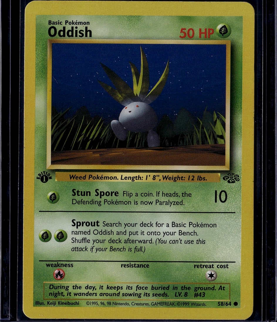 Oddish Base Set 58/64 Pokemon Card 1995 - Grass T: This is an authentic Oddish Pokemon Trading Card from the 1995 Base Set, card number 58/64. Oddish is a Grass-type Basic Pokemon with 50 HP featuring two classic attacks: Stun Spore (10 damage, paraly