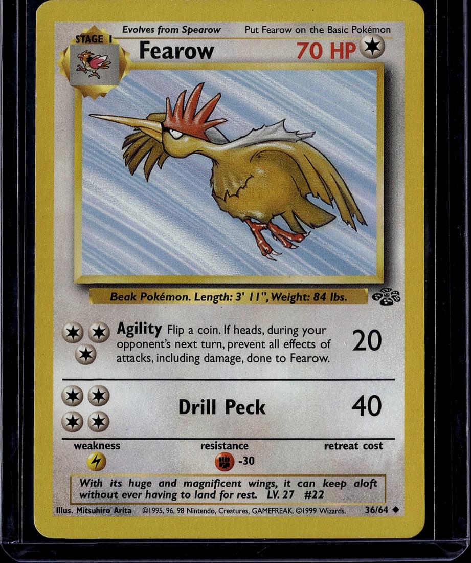 1999 Pokemon Base Set Fearow #36/64 Card - Stage: This is an authentic 1999 Pokemon Trading Card Game Base Set Fearow card (#36/64), a Stage 1 evolution of Spearrow. Fearow features the iconic beak Pokemon artwork by Mitsuhiro Arita and showcases 70 